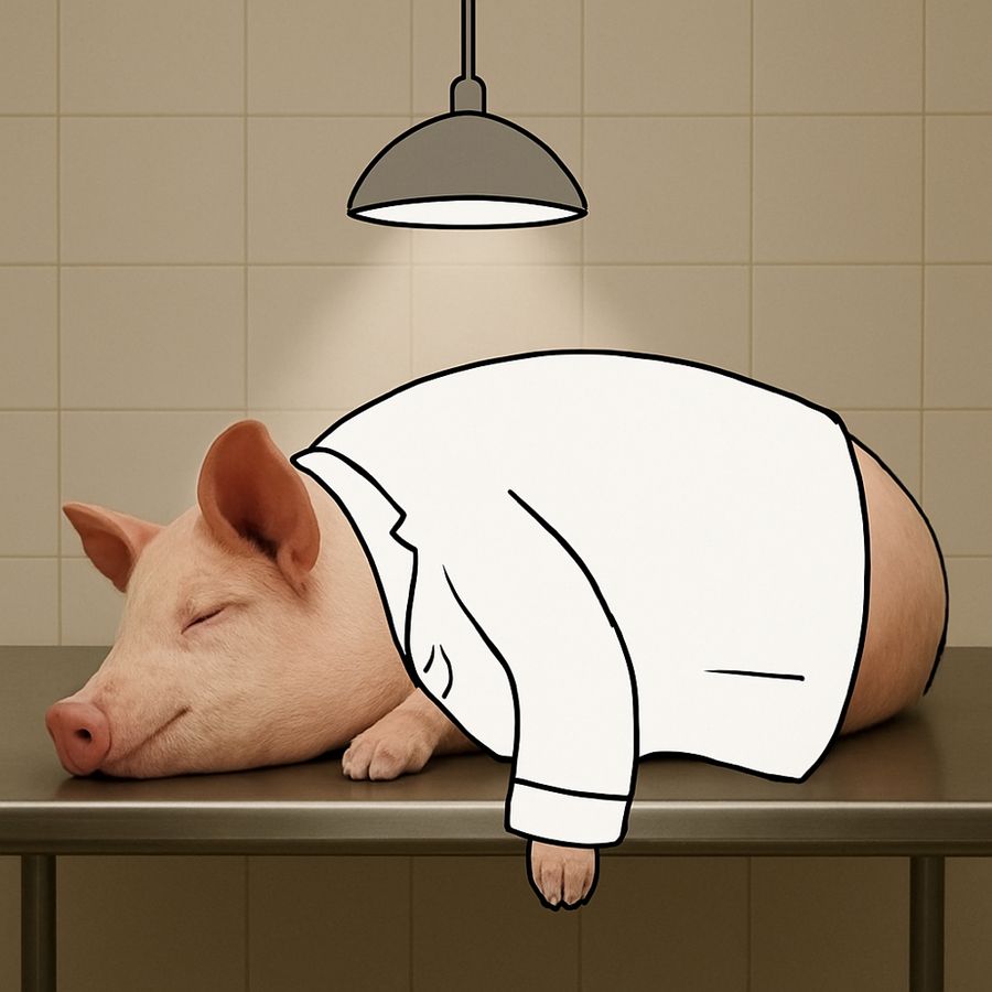 A pink pig lying on a steel lab table under an exam lamp, wearing a white lab coat several sizes too large, buttoned into the wrong holes, one sleeve hanging empty