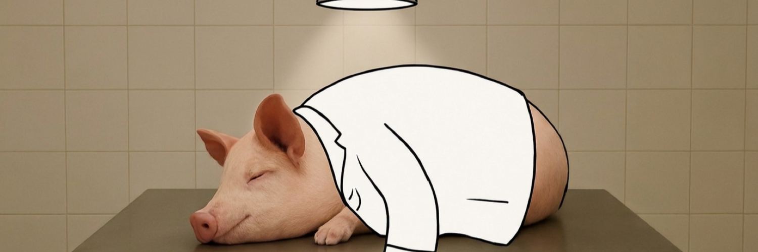 The same pig and lab coat, wider shot showing more of the tiled wall and cabinets