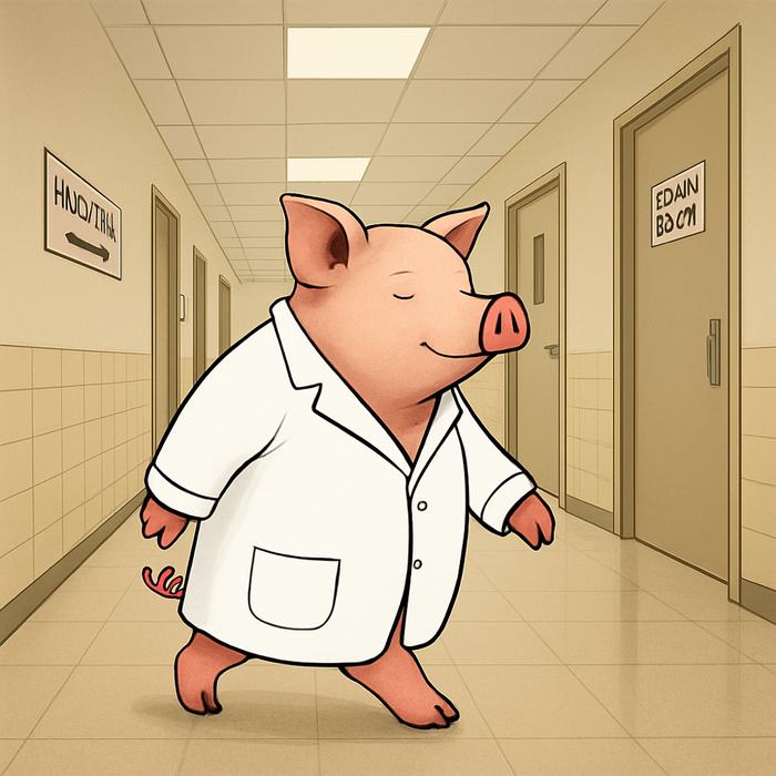 The pig walking a lab hallway in its coat, past a door labelled exam room
