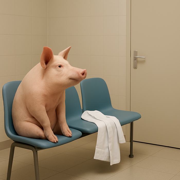 The pig sitting on a waiting-room chair with the coat draped beside it, unworn